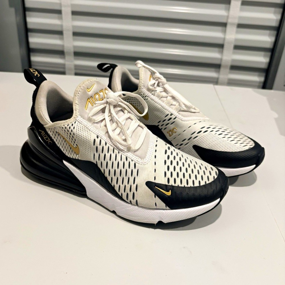 Nike Air Max 270 Men's Low Top Sneaker White/Gold/Black Lace-Up AV7892-100 7.5